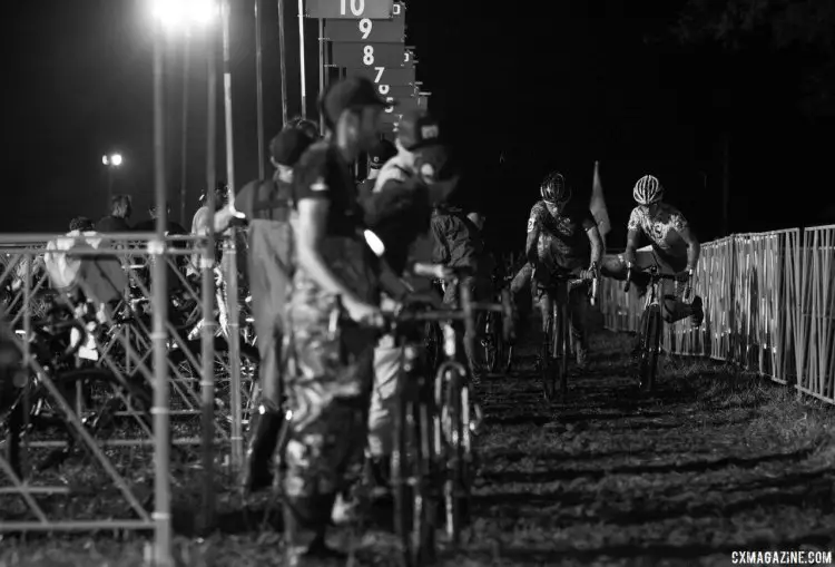 Mechanics and racers faced fierce battles even in the pits. 2016 Jingle Cross cyclocross festival. © A. Yee / Cyclocross Magazine