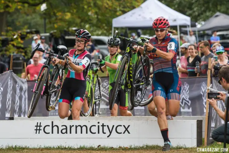 Rebecca Fahringer (Stans NoTubes p/b Maxxis/gofahr) leads riders over the barriers. 2017 Charm City Cross © M. Colton / Cyclocross Magazine