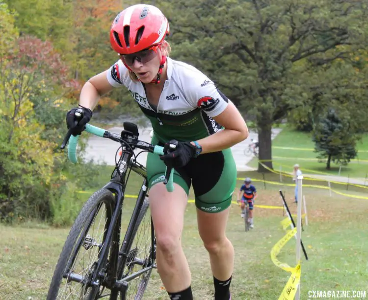 Wendy Boehm pushes her bike up the steep hill. 2017 Grafton Pumpkin Cross. © Z. Schuster / Cyclocross Magazine