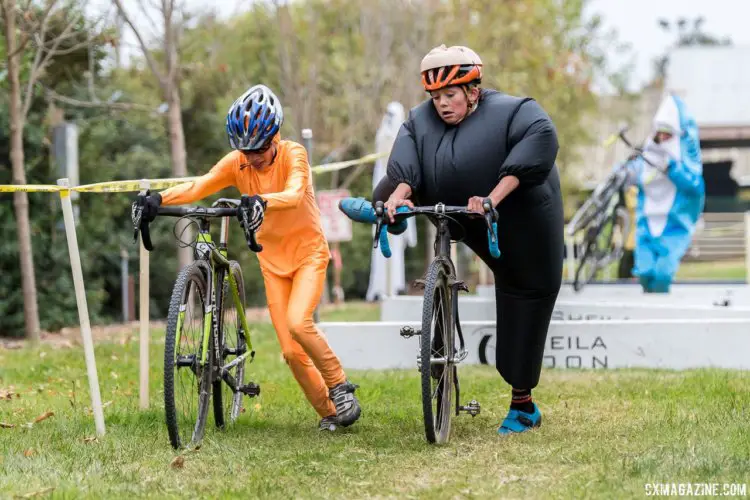 Orange Kid and Sumo Kid being chased by Sharky. 2017 Surf City Cyclocross © J. Vander Stucken / Cyclocross Magazine