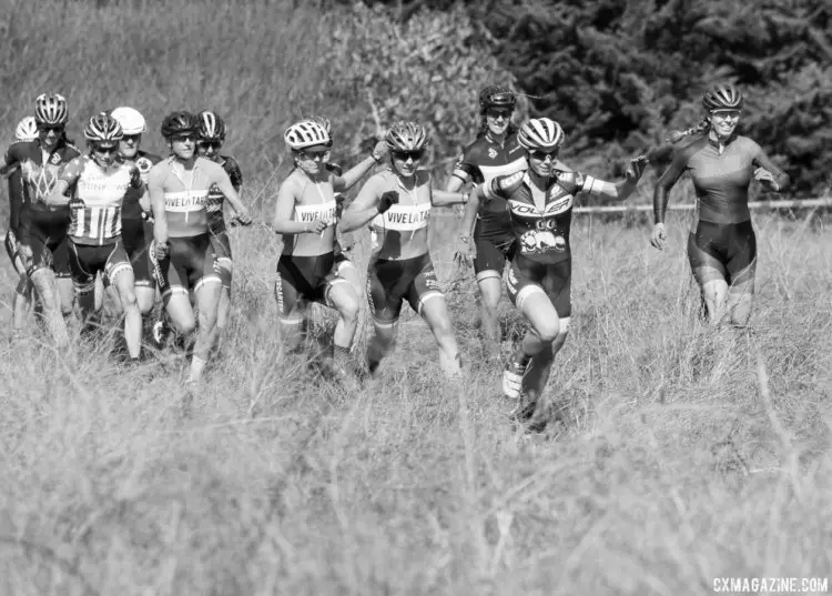 The Elite women race to their bikes. 2016 Rock Lobster Cup. © Cyclocross Magazine