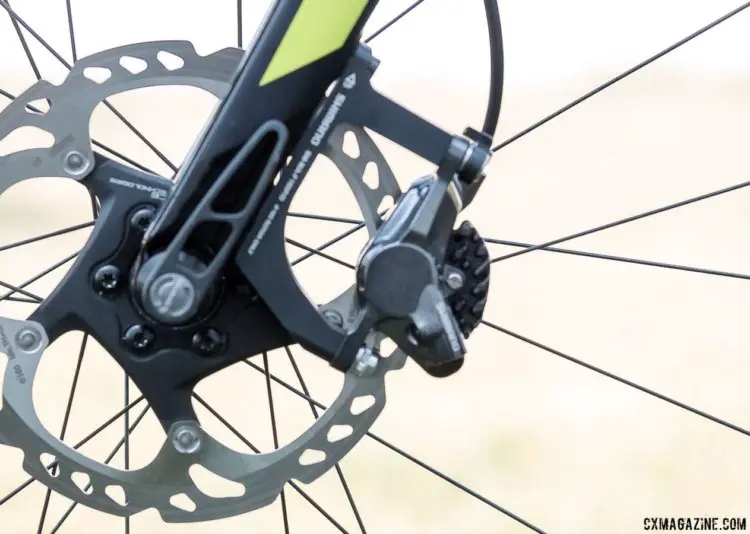 Fahringer uses a Shimano adapter to run post-mount disc brakes front and rear. Rotors are Ice Tech 160mm 6-bolt. Rebecca Fahringer's Scott Addict CX with tubeless Maxxis tires. © Cyclocross Magazine
