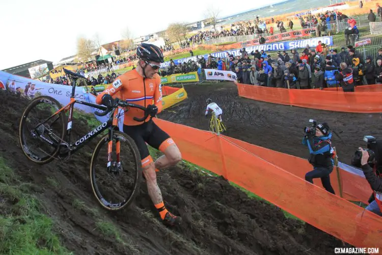 Sieben Wouters chases after Tom Pidcock in the U23 Men's race. He finished third. 2017 Bogense UCI Cyclocross World Cup. © B. Hazen / Cyclocross Magazine