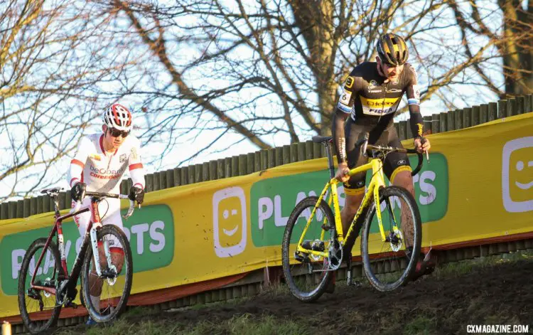 Toon Aerts (Telenet Fidea Lions) battled Mathieu van der Poel (Beobank-Corendon) for the first half of the race. 2017 Bogense UCI Cyclocross World Cup. © B. Hazen / Cyclocross Magazine