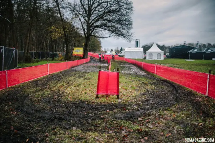 One of the muddy corners on the course. 2017 World Cup Zeven Course Inspection. © J. Curtes / Cyclocross Magazine