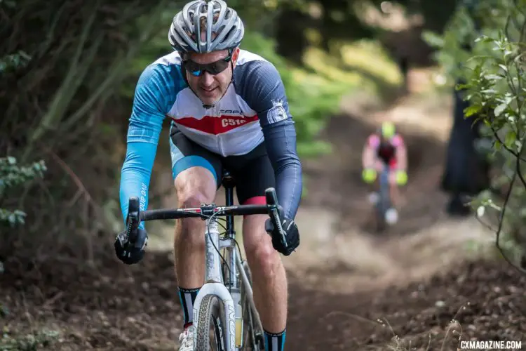 Masters B rider in the forested singletrack. 2017 Surf City Cyclocross, Calfire Training Facility. © J. Vander Stucken