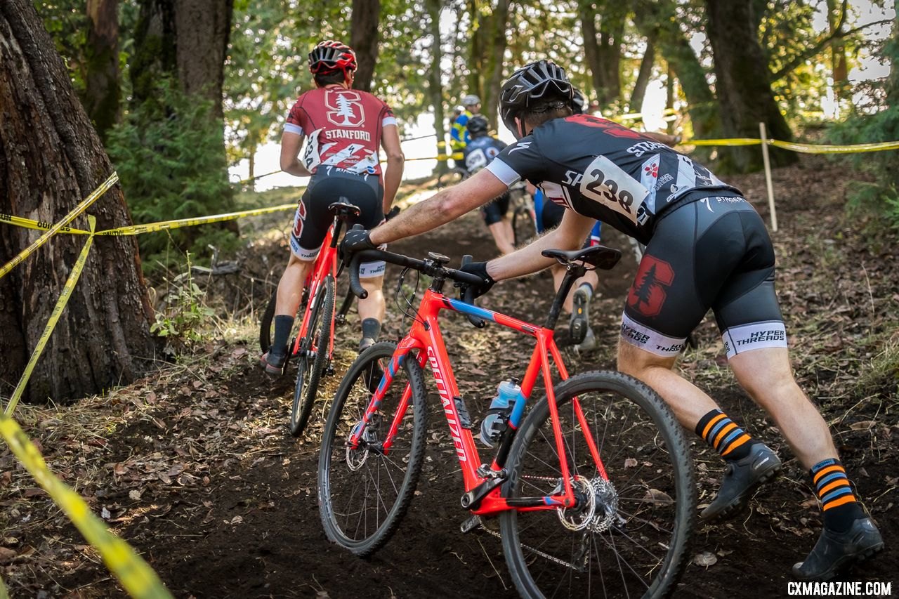 This bottom turn proved tricky for some riders, and turned the climb into a run. 2017 Surf City Cyclocross, Calfire Training Facility. © J. Vander Stucken