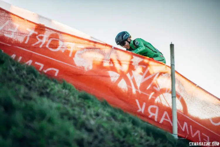 Kaitie Keough works up a steep climb. She climbed to a third-place position on Sunday. 2017 Bogense UCI Cyclocross World Cup. © J. Curtes / Cyclocross Magazine