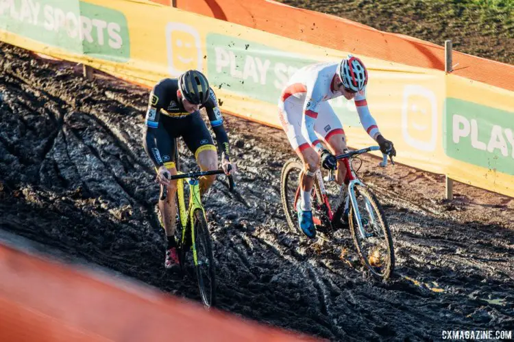Mathieu van der Poel and Toon Aerts slip and slide through the mud. 2017 Bogense UCI Cyclocross World Cup. © J. Curtes / Cyclocross Magazine