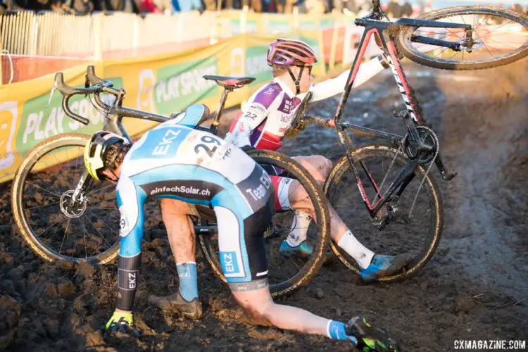 The crash that ended David van der Poel's day. 2017 Bogense UCI Cyclocross World Cup. © J. Curtes / Cyclocross Magazine