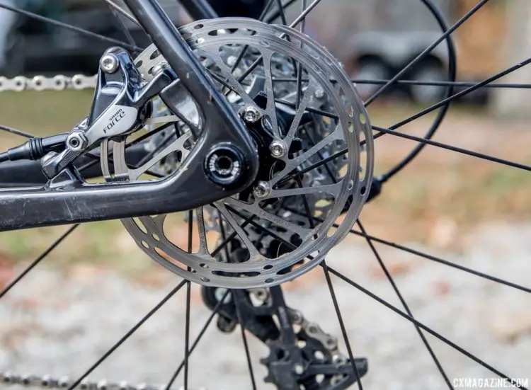 The Stigmata uses post mount brake calipers and a 12mm thru axle in the rear.Tobin Ortenblad's Santa Cruz Stigmata cyclocross bike. © D. Perker / Cyclocross Magazine