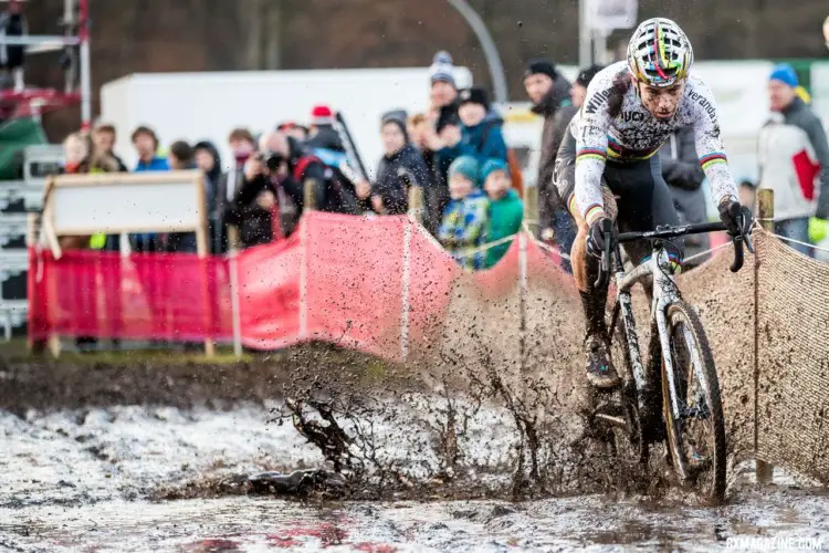 There were a few puddles on Saturday's course. Wout van Aert powers through one here. Elite Men, 2017 Zeven UCI Cyclocross World Cup. © J.Curtes / Cyclocross Magazine