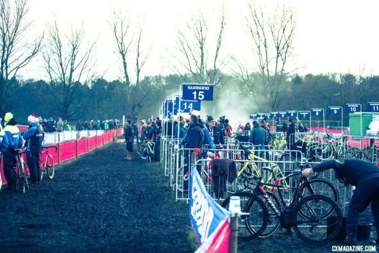 The pit was abuzz with activity on the muddy afternoon in Zeven. Elite Men, 2017 Zeven UCI Cyclocross World Cup. © J.Curtes / Cyclocross Magazine