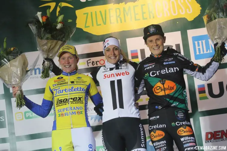 Women's podium: Lucinda Brand, Kim van de Steene and Loes Sels. 2017 Zilvermeercross, Mol, Belgium. © B. Hazen / Cyclocross Magazine