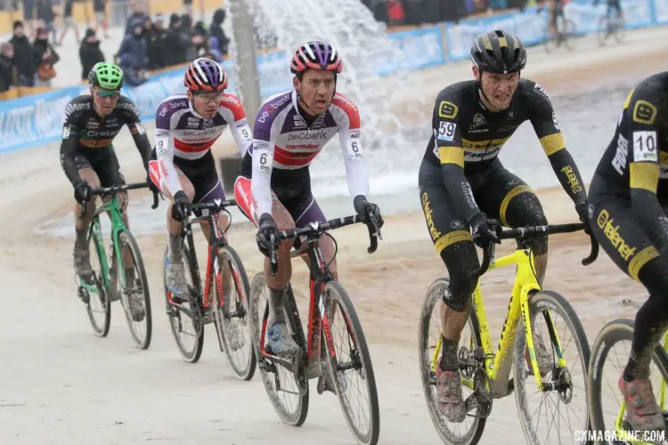Tom Meeusen and David van der Poel (Beobank-Corendon) look to make their move early in the race. 2017 Zilvermeercross, Mol, Belgium. © B. Hazen / Cyclocross Magazine