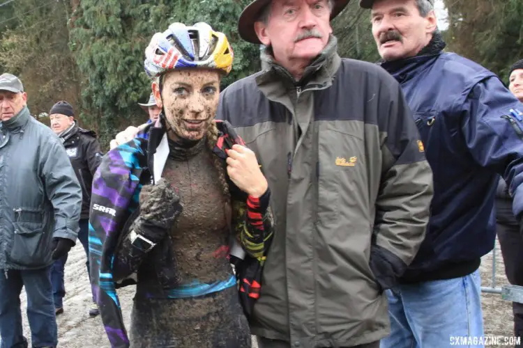 Pauline Ferrand Prevot tries to warm up after her race. 2017 Vlaamse Druivencross. © B. Hazen / Cyclocross Magazine