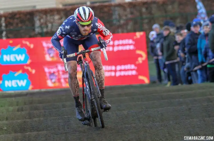 Stephen Hyde rolls through the rollers. 2017 Azencross Loenhout. © B. Hazen / Cyclocross Magazine