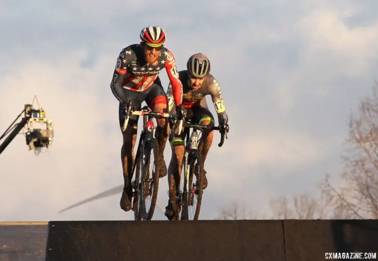 Stephen Hyde crests the flyover as a television camera looks on. 2017 Azencross Loenhout. © B. Hazen / Cyclocross Magazine