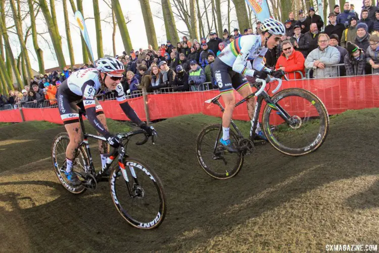 Lucinda Brand and Sanne Cant attacked and got off the front in the second lap. 2017 Azencross Loenhout. © B. Hazen / Cyclocross Magazine