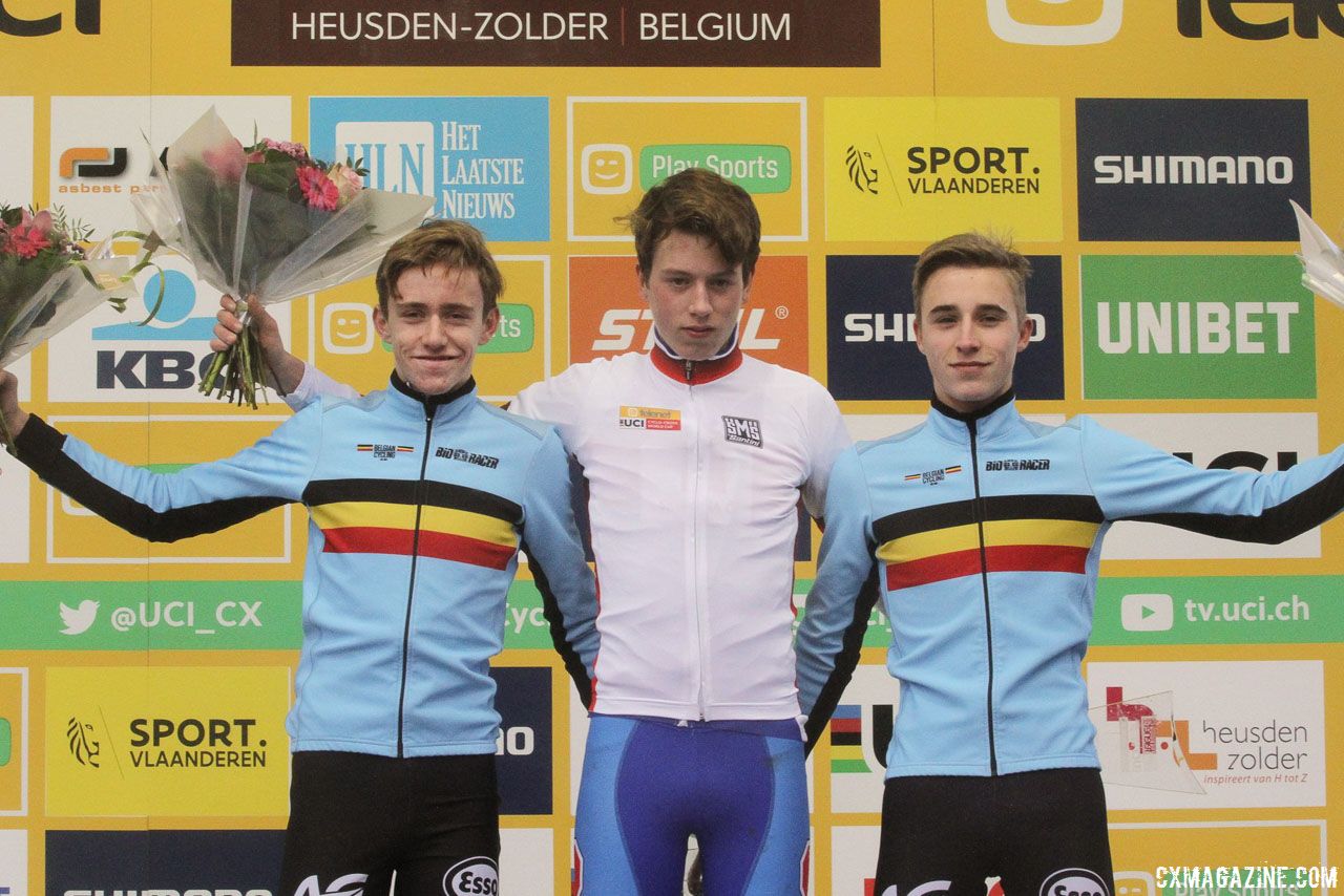 Junior Men's podium: Tomas Kopecky of the Czech Republic, Jarno Bellens ...