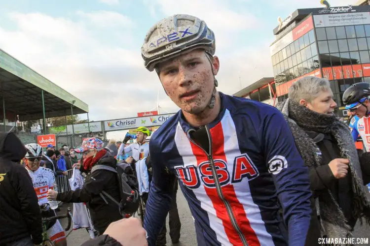 Greg Gunsalus (AP Junior Devo p/b Corner Cycle) got to take home some mud for his effort. 2017 World Cup Zolder. © B. Hazen / Cyclocross Magazine