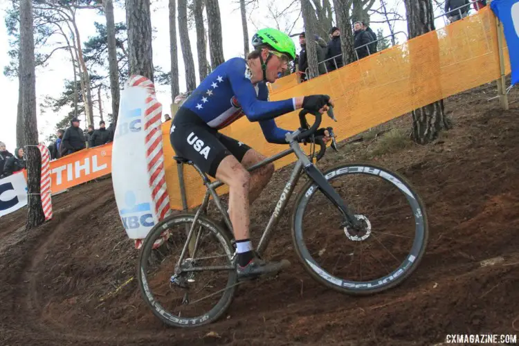 Gage Hecht (Alpha Bicycle - Groove Subaru) rounds one of the course's off-cambers. 2017 World Cup Zolder. © B. Hazen / Cyclocross Magazine