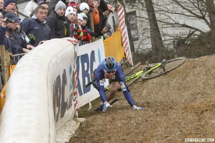 Lane Maher (Hot Tubes Devo) was riding naer the front of the Junior race before a crash on one of the descents set him back. 2017 World Cup Zolder. © B. Hazen / Cyclocross Magazine