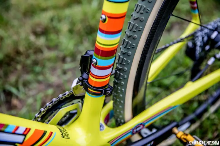 The Mares does not have a front derailleur tab, but the tube is round and accepts a clamp readily. Jeremy Powers' 2017 Pan-Ams Focus Mares. © D. Perker / Cyclocross Magazine