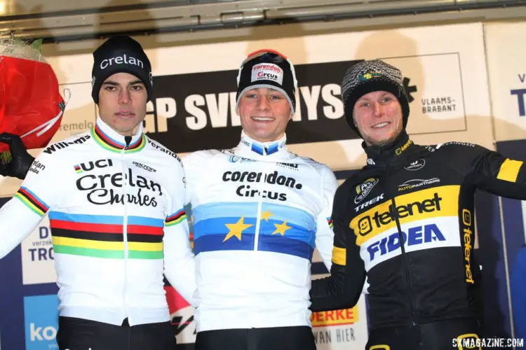 Men's podium: Mathieu van der Poel, Wout van Aert and Corne van Kessel. 2018 GP Sven Nys Baal. © B. Hazen / Cyclocross Magazine