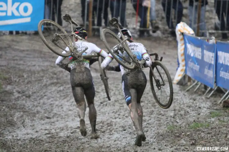 Wout van Aert and Mathieu van der Poel ran neck-in-neck before Van der Poel pulled away for his latest win. 2018 GP Sven Nys Baal. © B. Hazen / Cyclocross Magazine