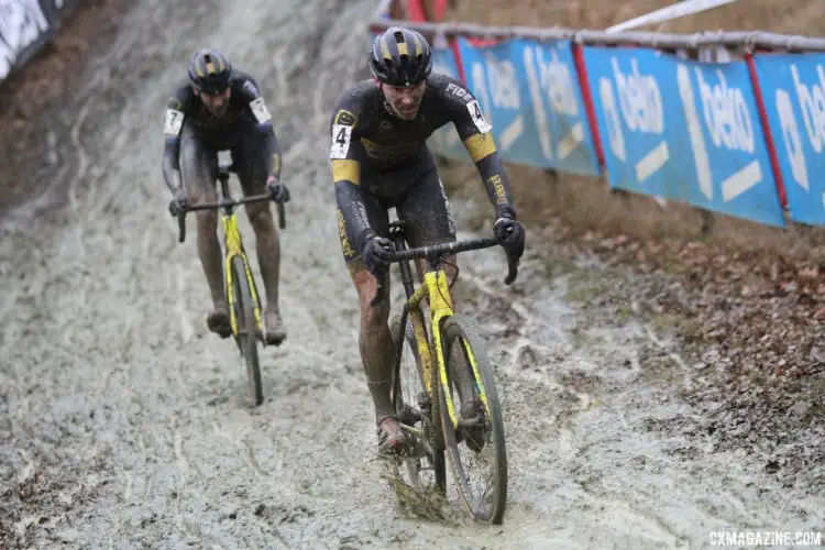 Corne van Kessel and Toon Aerts were left to battle for third after the two leaders left them behind. 2018 GP Sven Nys Baal. © B. Hazen / Cyclocross Magazine