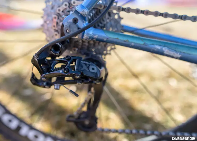 A SRAM XO mountain bike derailleur is used. It does not feature a clutch, but that didn't keep Hludzinski from having a clutch ride. 2018 Cyclocross National Championships. © A. Yee / Cyclocross Magazine