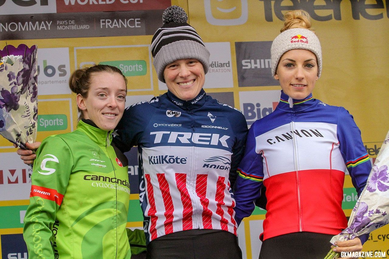 An American Ka(i)tie 1-2. Kaitlin Keough, Katie Compton, Pauline Ferrand Prevot. Women's U23 Podium. Nommay UCI Cyclocross World Cup - Elite Women. © B. Hazen / Cyclocross Magazine