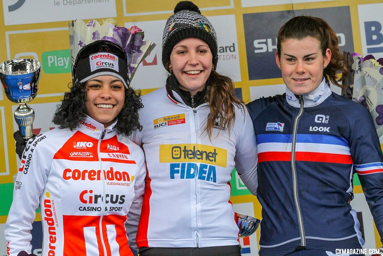Women's U23 Podium. Nommay UCI Cyclocross World Cup - Elite Women. © B. Hazen / Cyclocross Magazine