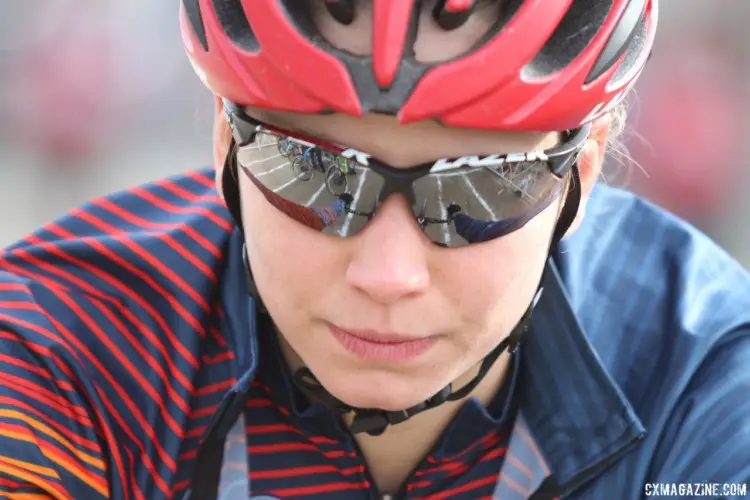 Rebecca Fahringer's glasses show the grid line as she rolls to the line. 2018 Reno Cyclocross Nationals, Sunday. © D. Mable / Cyclocross Magazine