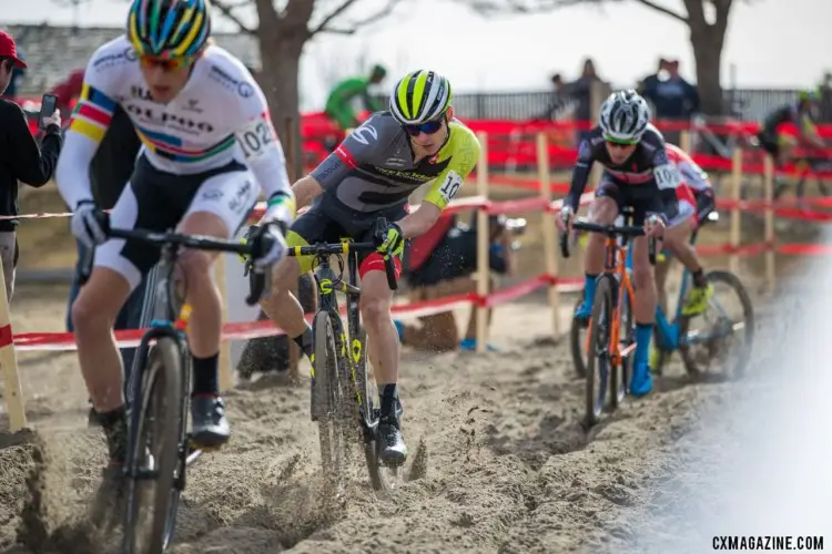 Cooper Willsey applies some english to get through the sand. 2018 Cyclocross National Championships. © J. Curtes / Cyclocross Magazine