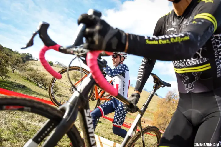 2017 National Champion Bob Downs made the trip from Wisconsin and did his best to hide during his brief three-lap tune-up race, but his stars and stripes still caught our eye. 2018 NCNCA District Champs, Lion Oaks Ranch. © J. Vander Stucken / Cyclocross Magazine