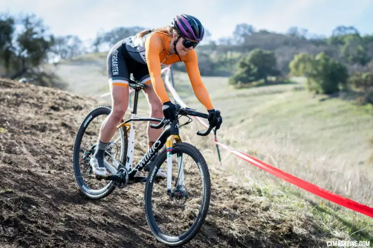 Caitlin Bernstein on the way to the Womens A win. 2018 NCNCA District Champs, Lion Oaks Ranch. © J. Vander Stucken / Cyclocross Magazine