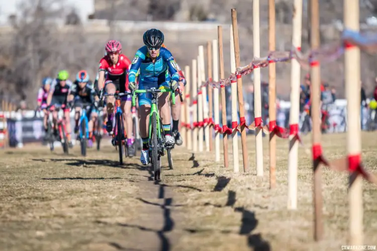 Kristal Boni leads the Women's 40-44 field out onto the course. 2018 Reno Cyclocross National Championships. © J. Vander Stucken / Cyclocross Magazine