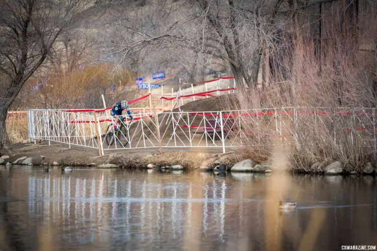 A rider rounds a bend and heads toward the last stretch of the course. 2018 Reno Cyclocross National Championships. © J. Vander Stucken / Cyclocross Magazine