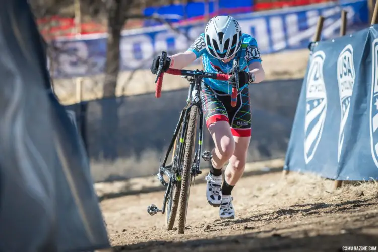 Andrew Gray pushes his bike up the run-up in Saturday's Junior Men 15-16 race. 2018 Reno Cyclocross National Championships. © J. Vander Stucken / Cyclocross Magazine