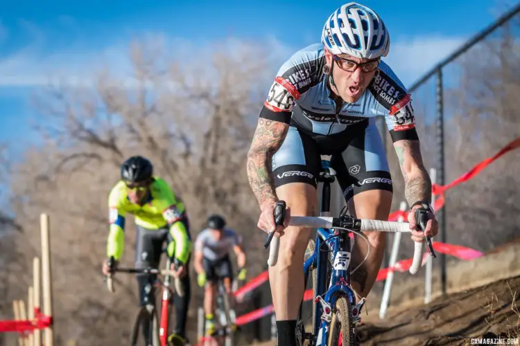 Adam Myerson focuses on a descent en route to his Masters 45-49 win. 2018 Reno Cyclocross National Championships. © J. Vander Stucken / Cyclocross Magazine