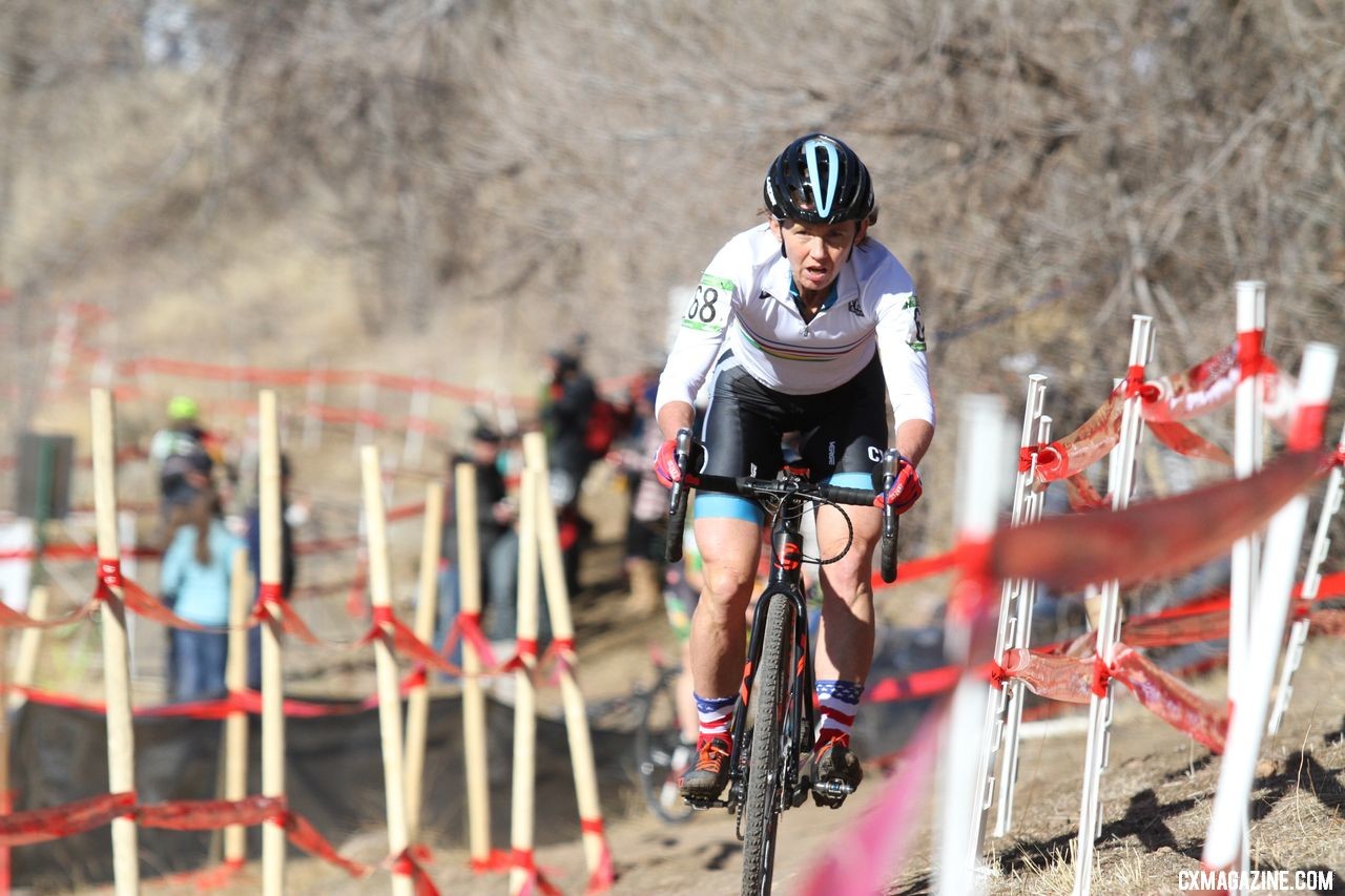 Sheldon retains her World Champion stripes for the season, while Barbossa wins the stars and stripes. Masters Women 50-54. 2018 Cyclocross National Championships. © D. Mable/ Cyclocross Magazine