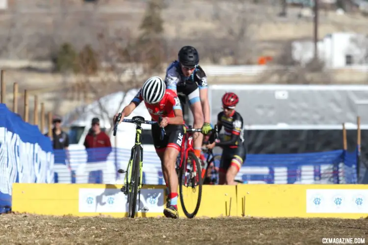 Junior Men 15-16 took different approaches to the barriers. 2018 Cyclocross National Championships. © D. Mable/ Cyclocross Magazine