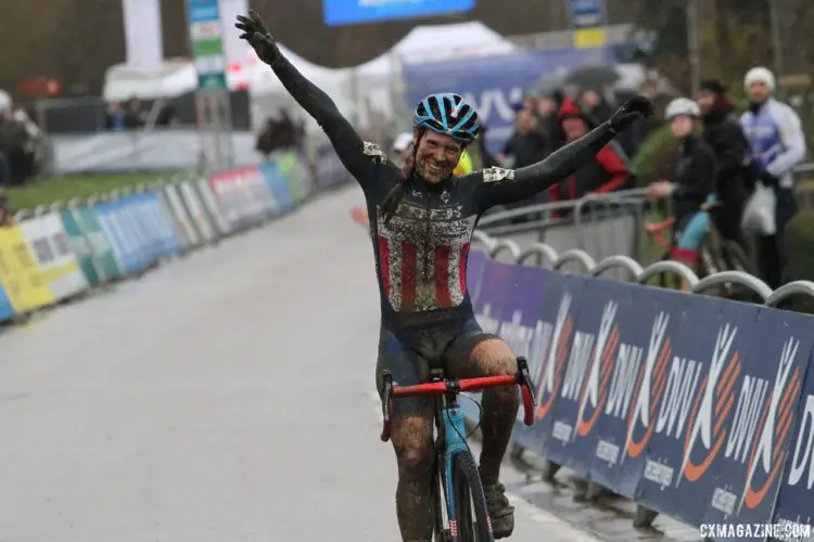 Katie Compton celebrates her win in Baal. 2018 GP Sven Nys Baal. © B. Hazen / Cyclocross Magazine