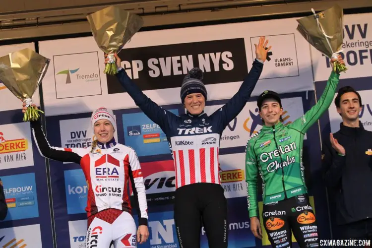 Women's podium: Katie Compton, Annemarie Worst and Maud Kaptheijns. 2018 GP Sven Nys Baal. © B. Hazen / Cyclocross Magazine