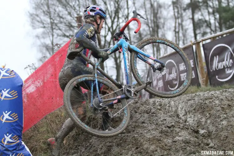 The conditions made rendered this feature unrideable, so Katie Compton headed up the old-fashioned way. 2018 GP Sven Nys Baal. © B. Hazen / Cyclocross Magazine