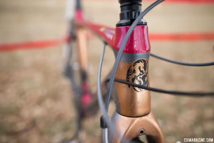 The dragon theme contiunues on the head tube with a yin yang pattern. Copper accents compliment the primarily red color. 2018 Cyclocross National Championships. © A. Yee / Cyclocross Magazine
