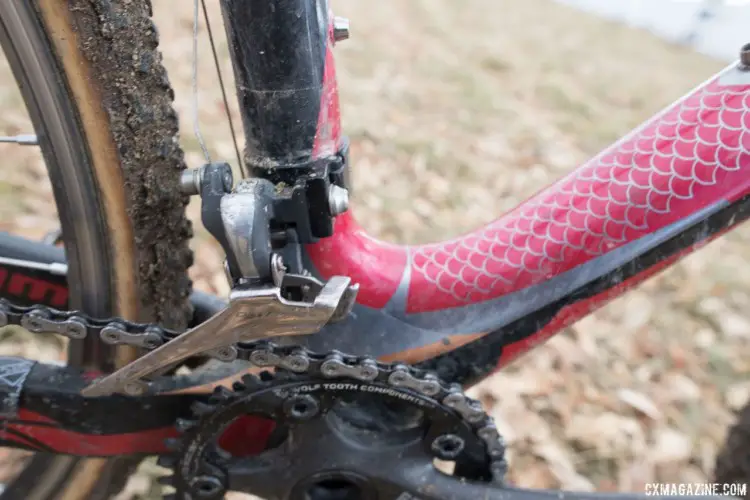 The front derailleur was set up with the ability to trim for chain rub, but Elgart explained it acts only as a guide against chain drop. John Elgart's Masters 70-74 winning cyclocross bike. 2018 Cyclocross National Championships. © A. Yee / Cyclocross Magazine