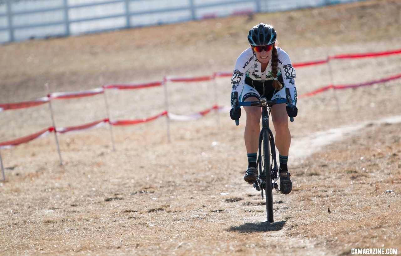 Christina Probert descends, focused on her fourth place. Masters Women 50-54. 2018 Cyclocross National Championships. © A. Yee / Cyclocross Magazine